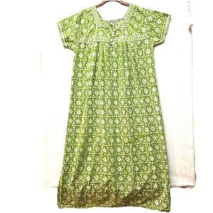Vintage Muumuu House Dress L Large Nightgown Green Cotton 60s 70s